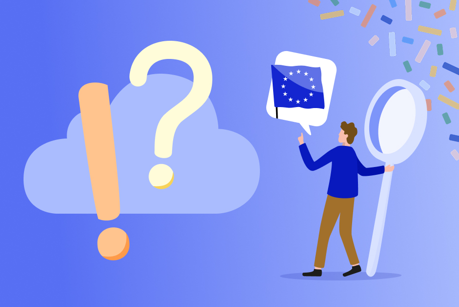 Illustration of a person with a European flag in front of a cloud featuring a question mark and exclamation mark on a blue background
