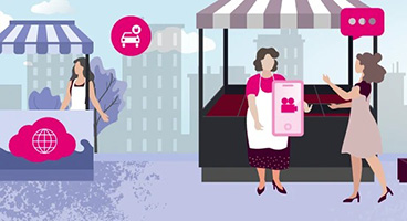 Illustration of people exploring the virtual T Cloud Public marketplace.