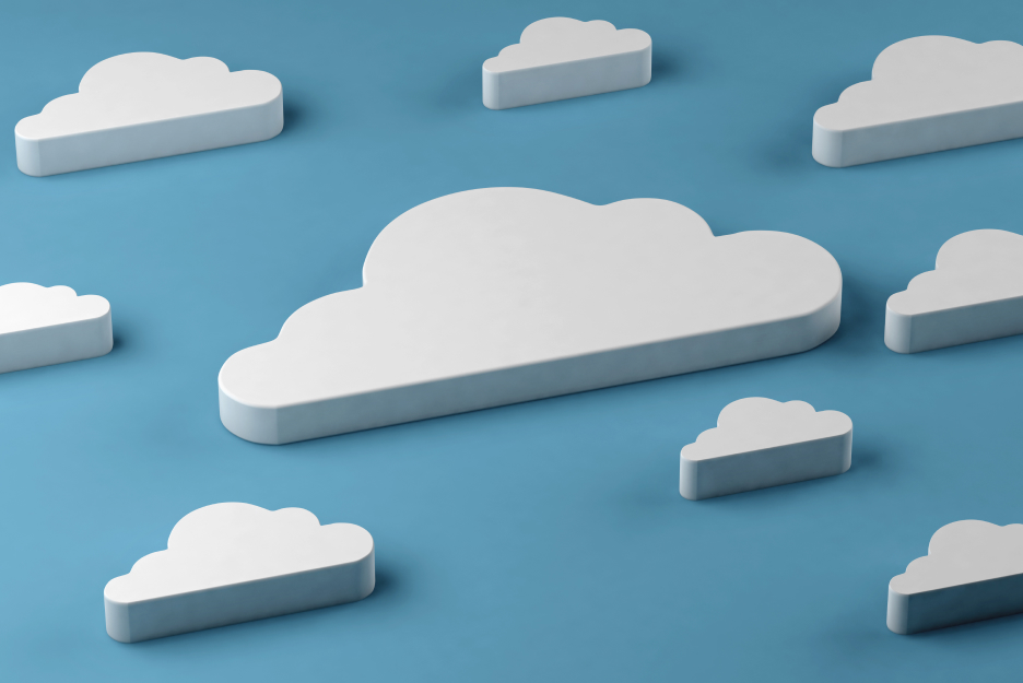 3D illustration of several white clouds on a blue background, with a large cloud in the center—a symbolic image representing multi-cloud environments and cloud security in Europe