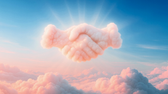 Persönlicher Support Händedruck aus Wolkenformationen am Himmel als Symbol für vertrauensvolle Zusammenarbeit, Support und Partnerschaft in der Cloud