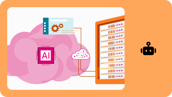 Illustration of an AI application featuring an AI chip, cloud symbol, and connected server rack. A robot icon is depicted on the right.
