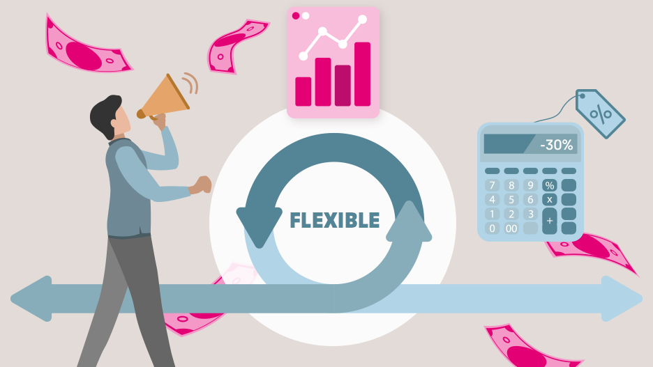 Illustration zu flexibler IT-Nutzung mit Sparpotenzial: Mann mit Megafon, Diagramm, Taschenrechner (-30 %) und Geldscheine.