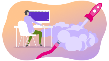 Illustration einer Person am Computer, daneben Datenkabel und eine Rakete, die aus einer Wolke abhebt