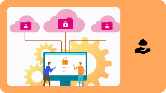 Illustration of multiple cloud symbols with padlocks connected to a computer. The screen displays a lock and a login mask.