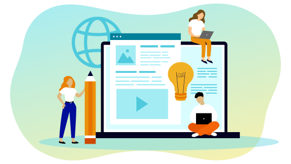 Illustration of a computer screen with content elements, three people, and icons representing ideas and collaboration.