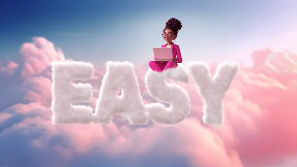 AI-generated image - Woman in a magenta suit with a laptop sitting on clouds, with the word "Easy" written on it; AI-generated image